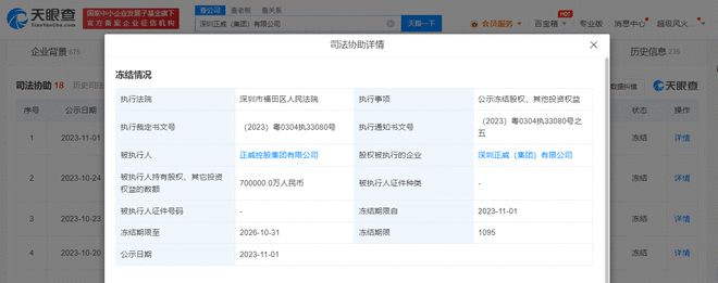深圳正威集团70亿股权被冻结